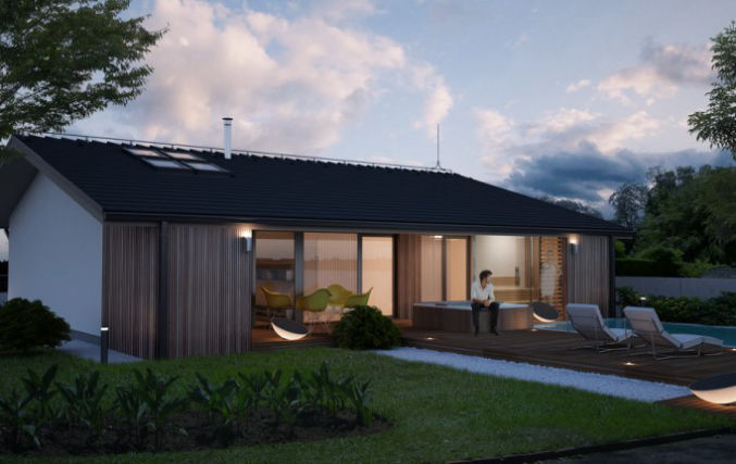 Projekt domu z dachem dwuspadowym, salon z wyjściem na ogród, trzy sypialnie, sauna, pomieszczenie gospodarcze