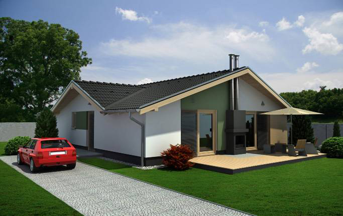 Średniej wielkości projekt domu z dwuspadowym dachem, przestronny salon z z centralnie zaprojektowanym kominkiem i wyściem na taras