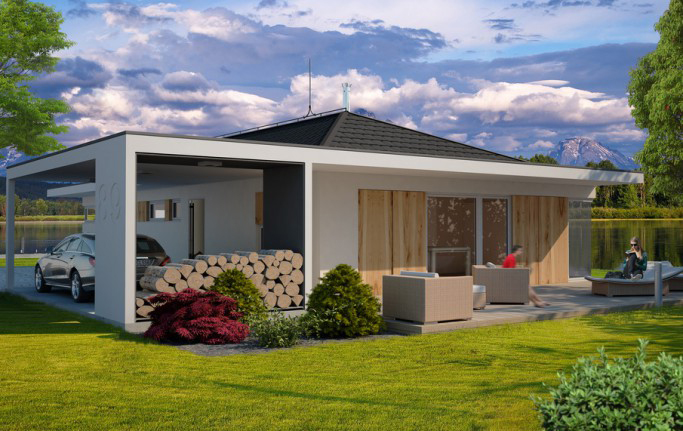 Kompaktowy projekt domu z czterospadowym dachem dla 3-4-osobowej rodziny. Przestronny salon z wyjściem na ogród i trzy sypialnie. Dom parterowy o prostej bryle