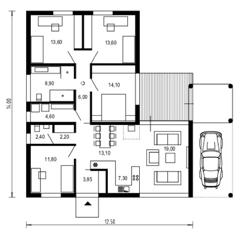 Duży i funkcjonalny projekt domu dla 4-5-osobowej rodziny. Atutem jest wiata na jeden samochód - to prawdziwa ozdoba domu pod przedłużonym, dwuspadowym dachem