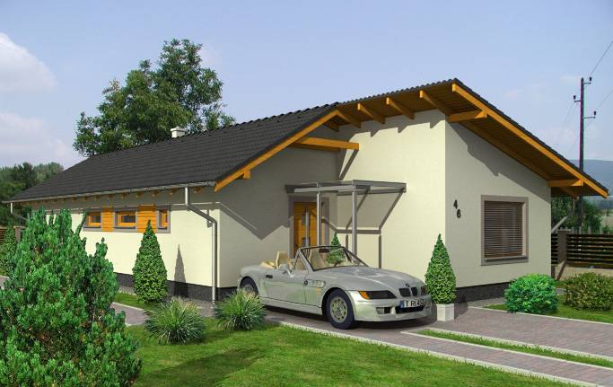 Projekt domu parterowego z dachem dwuspadowym na wąską działkę, trzy przestronne sypialnie, funkcjonalny projekt domu