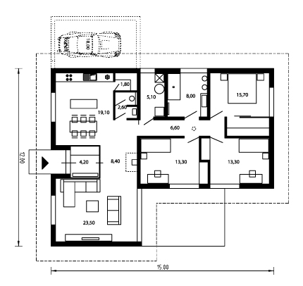 Funkcjonalny projekt domu parterowego w kształcie litery L dla 3-4-osobowej rodziny. Część dzienna to przestronny salon z wyjściem na taras oraz kuchnia połączona z jadalnią. Dodatkowym atutem jest pomieszczenie na pralnię