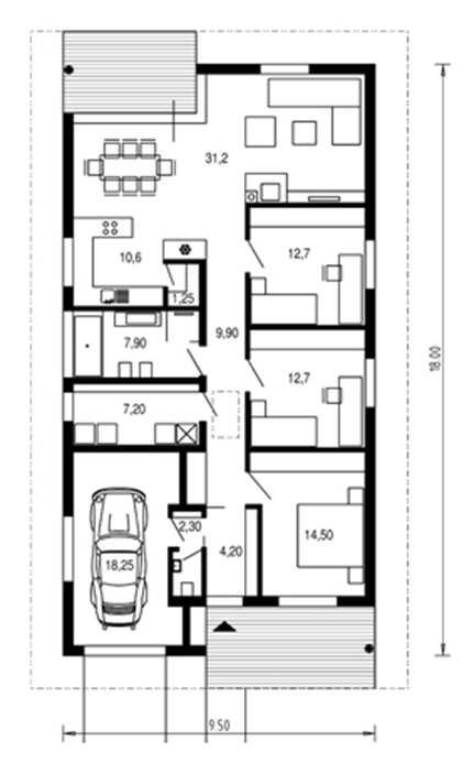 Średniej wielkości projekt domu z czterospadowym dachem dla 3-4-osobowej rodziny, trzy duże sypialnie, jednostanowiskowy garaż w bryle, na wąską działkę