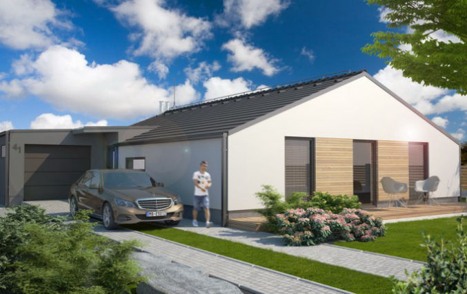 Średniej wielkości projekt domu z dwuspadowym dachem dla 3-4-osobowej rodziny, salon z kominkiem i trzy sypialnie