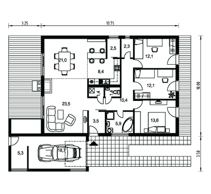 Średniej wielkości projekt domu z dwuspadowym dachem dla 3-4-osobowej rodziny, salon z centralnie zaprojektowanym kominkiem, trzy sypialnie z wyjściem na taras