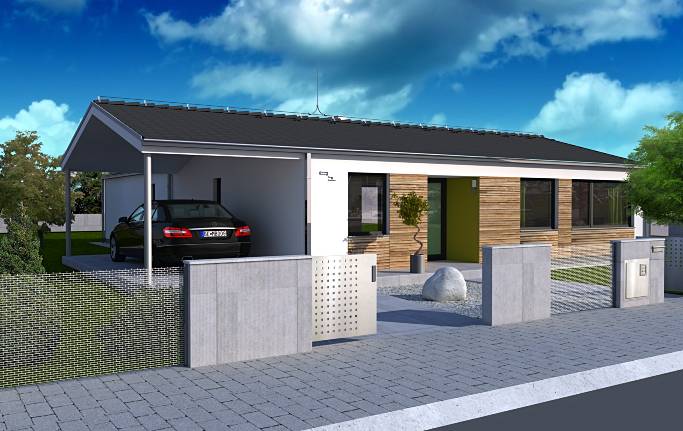 Parterowy projekt domu na planie liter L i dwuspadowym dachem, pralnia i garderoba, trzy sypialnie, przedłużony dach tworzy wiatę garażową na jeden samochód